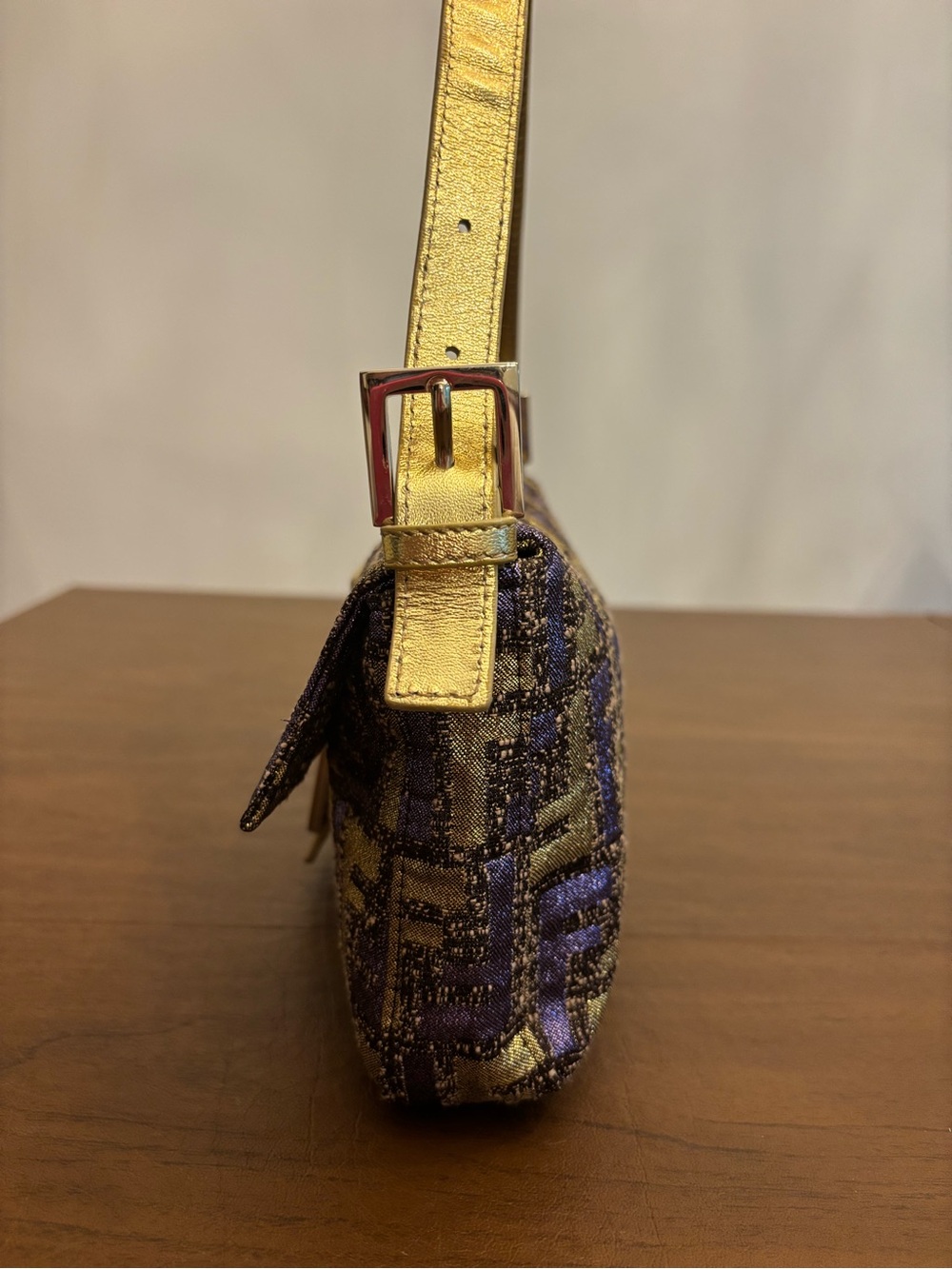 Authentic Fendi Purple and Gold FF Baguette Shoulder Bag with crystal buckle - Picture 3 of 9